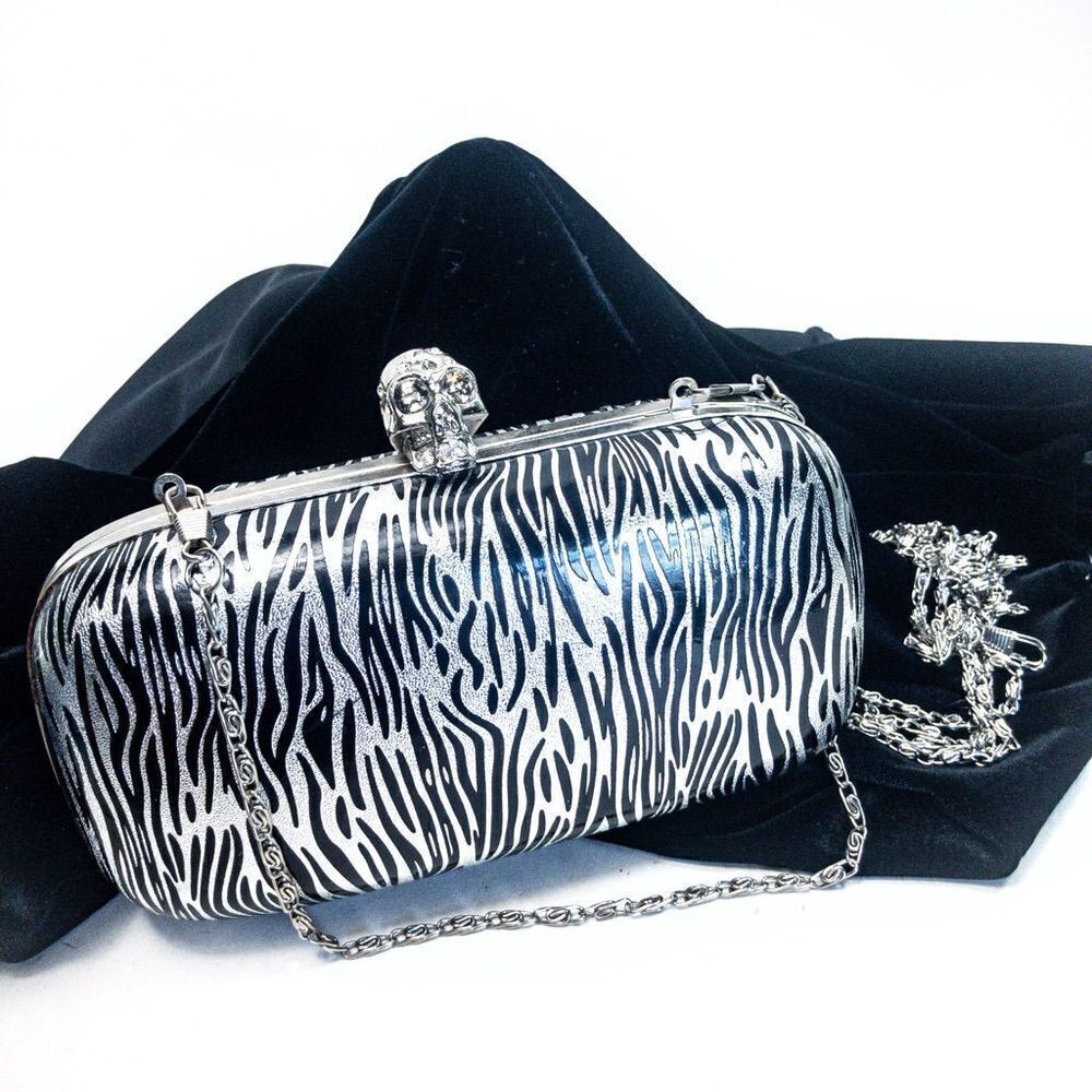 Kate Landry Silver Skull Zebra Hardshell Clutch Evening Bag